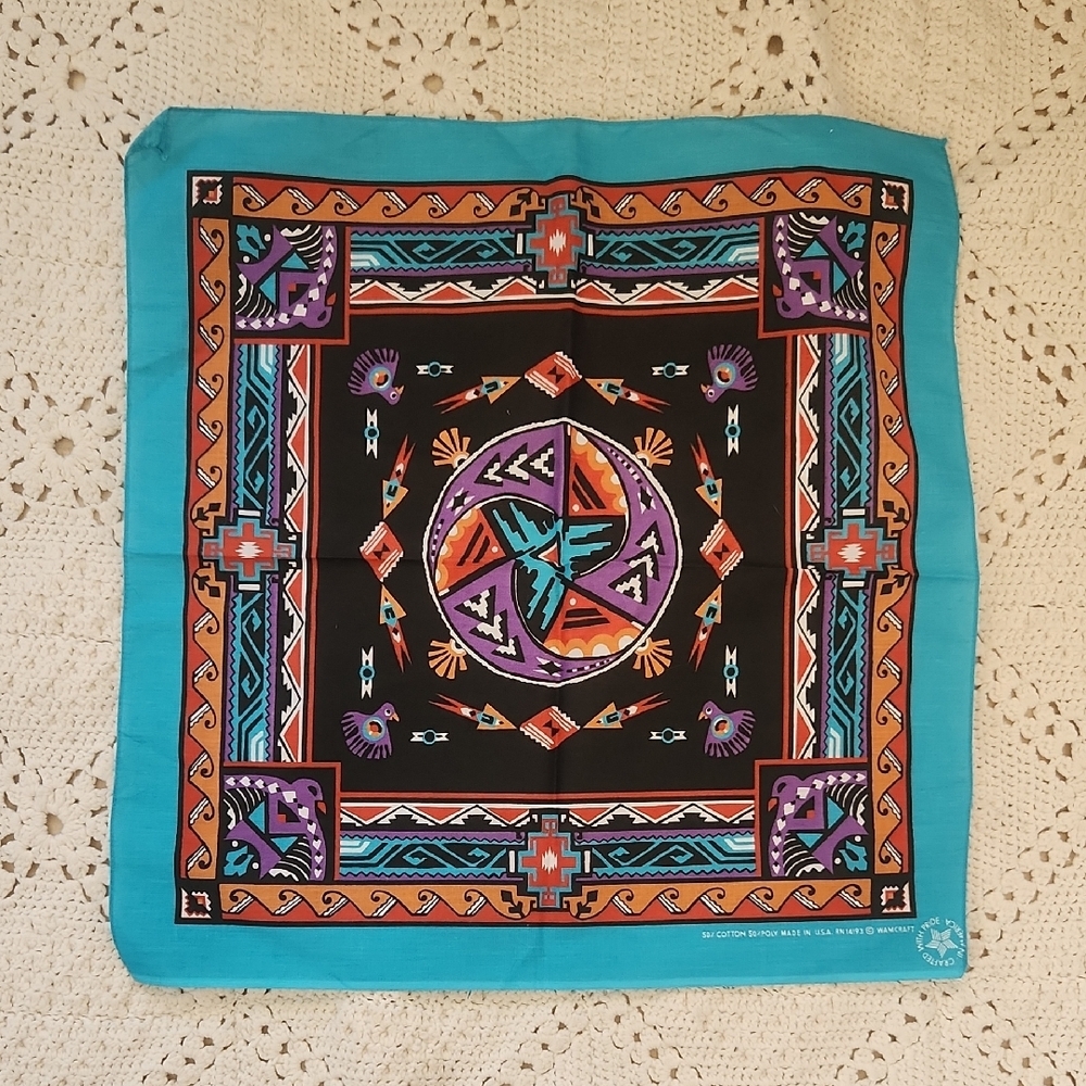Vintage Turquoise, Black & Purple Southwestern Print Cotton Bandana/Scarf